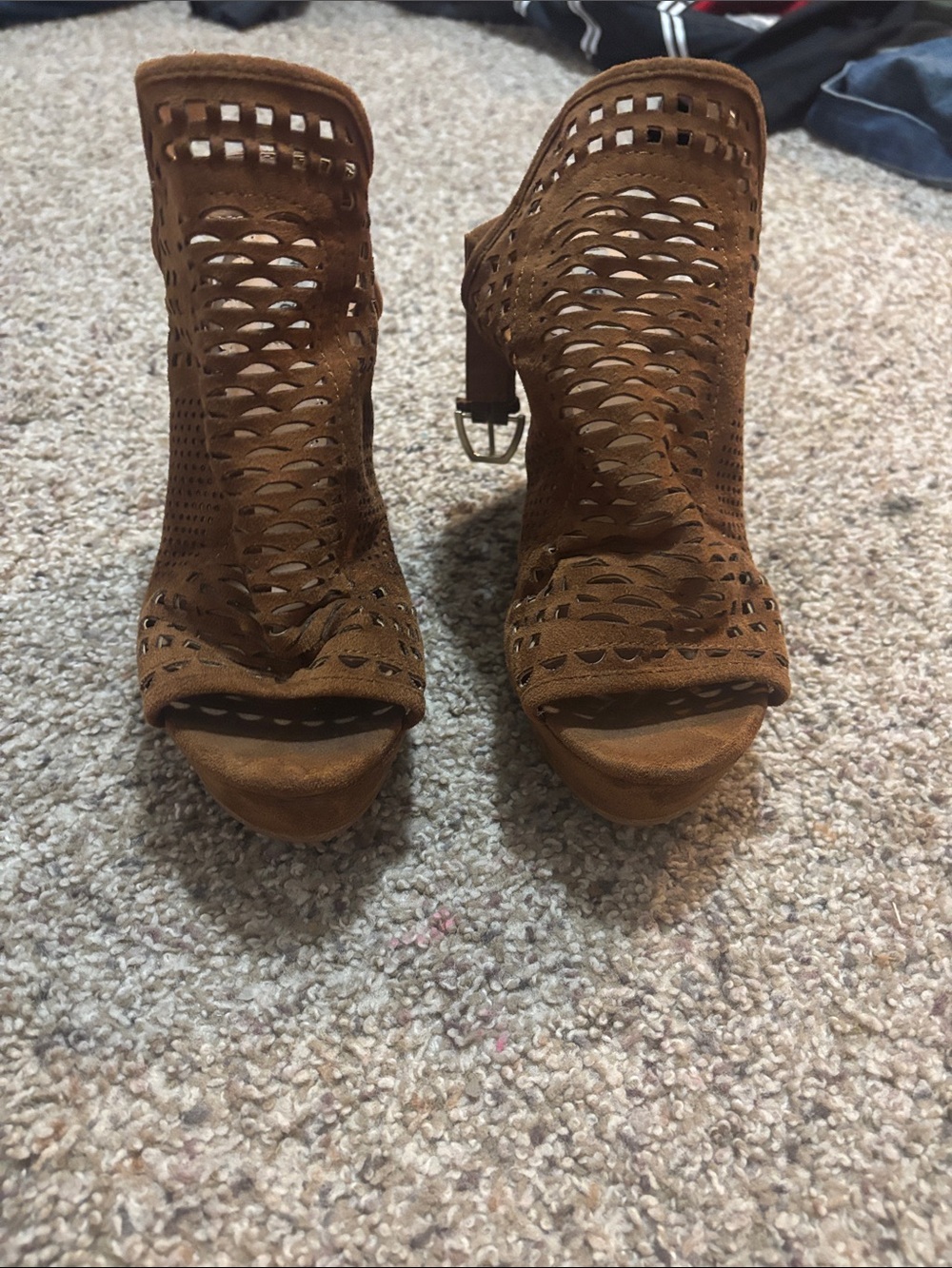 Brown Suede Laser-Cut Peep-Toe Heels - Picture 1 of 3